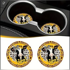 Cow Car Coasters Sunflower Leopard Leather Anti-Slip, Heat-Resistant 2 pcs NEW